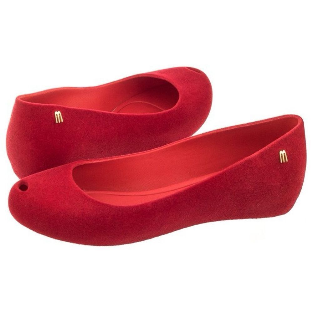 🔥 Melissa velvet Red Ballet Flats with Gold Logo Sz 13 New